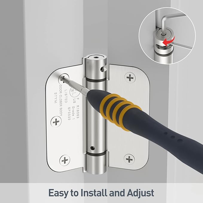HOSOM 4 Pack Brushed Nickel Self Closing Door Hinges, 3.5 Inch 5/8'' Radius Corners Spring Door Hinge, Adjustable Tension for Garage, Front Door, Back Door, UL Listed, for Left and Right Hand Door