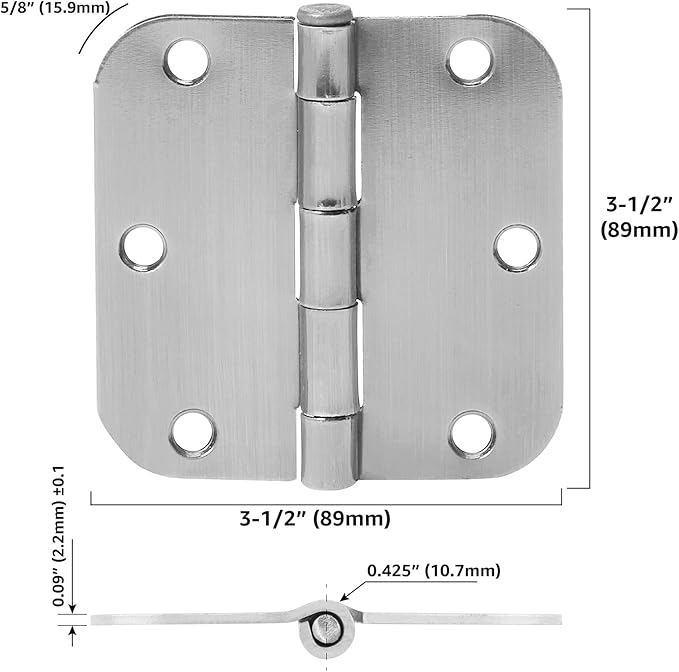 Amazon Basics Rounded Interior Door Hinges with Screws, 3.5" x 3.5", Satin Nickel, Curved Corners, 18-Pack