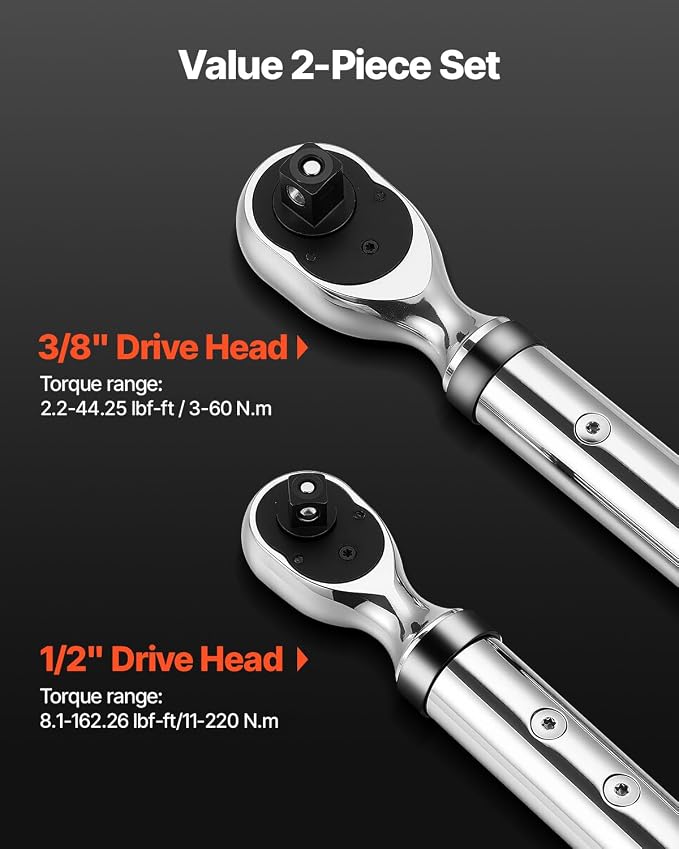 VEVOR Digital Torque Wrench 3/8 1/2 Inch Drive, 0-44.25FT.LB(0-60Nm)/0-162.26FT.LB(0-220Nm) ±2% Accuracy, Electronic Torque Wrench with Preset Mode,Vibration,Buzzer,LED Notification,5Units of Measure | 2.2-44.25Ft.Lb(3-60Nm)/8.1-162.26Ft.Lb(0-220Nm) , ...