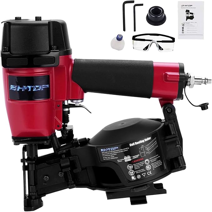 CN45N Roofing Nailer, 15 Degree Roofing Nail Gun, 3/4-Inch to 1-3/4-Inch Coil Nails, 120-pcs Load Capacity Coil Nailer in Red