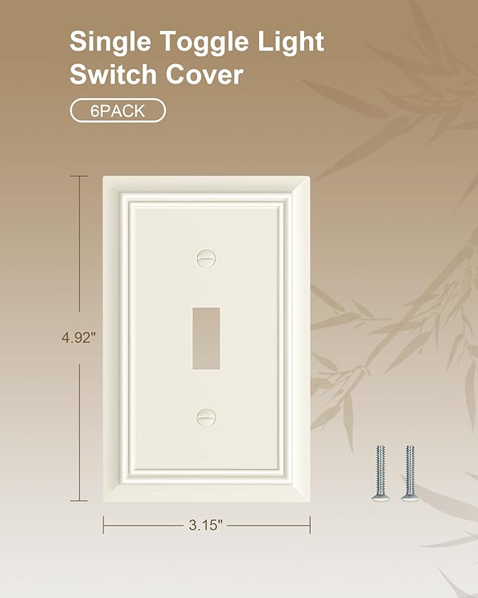 6-Pack Single Toggle Light Switch Cover Plate, Durable Natural Bamboo Fiber Decorative Switch Plate Covers, Light Almond 1 Gang Wall Plate, Corrosion Resistant