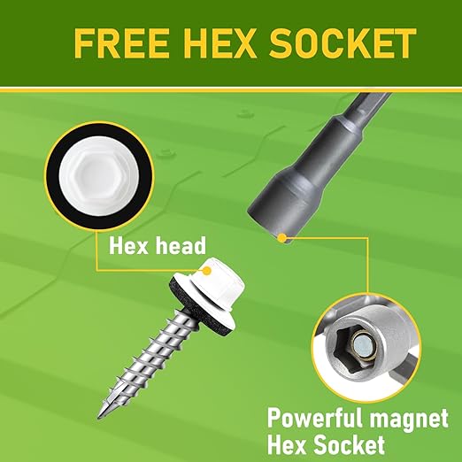 300 Pcs, #10 x 1 Inch White Painted Hex Head Metal Roofing Screws, Sharp Point Sheet Metal Roof Screw with Rubber Washer, Self Tapping Metal to Wood Siding Screws, Hex Socket Included