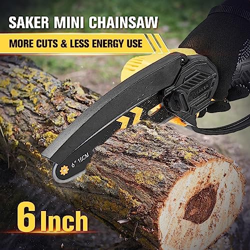 Saker Mini Chainsaw Cordless 6-Inch-Switch Security Lock-Cordless Power Chain Saws-Handheld Small Chainsaw for Cutting Wood Trimming and Woodworking- Mini Chain Saw Cordless with 2 Batteries