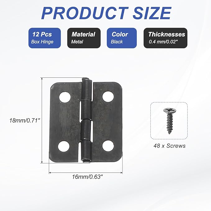 MECCANIXITY Small Butt Hinges 3/4 Inch Mini Jewelry Box Hinge with Screw for Jewelry Wooden Boxes Cabinet Drawer Doors Gate (Black, Pack of 12)