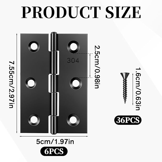 JJUNW 6 Pcs 3 Inch Black Door Hinges, Stainless Steel Folding Butt Hinge with 36 Screws, Cabinet Hinges Small Hinge Hardware for Door, Furnitures, Cabinet,Cupboard, Dressers