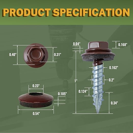 LIONMAX Metal Roofing Screws #10 x 1 Inch, 300-PCS, Brown Painted Hex Head Sheet Metal Roof Screws, Rubber Washer, Sharp Point, Metal to Wood Siding Screws, Hex Socket Included