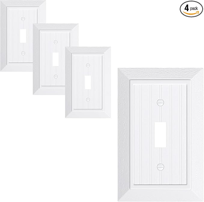 4-Pack Classic Beadboard Single Toggle Light Switch Cover Plate, Unbreakable Polycarbonate Decorative Switch Plate Covers, Pure White 1 Gang Wall Plate