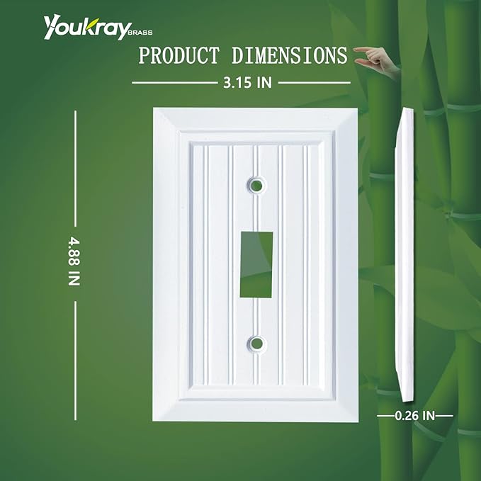 Pure White Classic Beadboard Wall Plates,Light Switch Covers,Electrical Outlet Covers, Switch Plates of Various Combination, Nature Bamboo Fiber Wall plate (1 Gang Toggle 4 Pack)