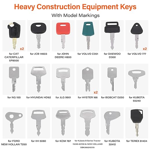 50 Pcs Equipment Keys Master Set, Compatible with CAT Caterpillar Bobcat JCB John Deere Case Kubota Volvo Komatsu Hyster Jlg Yanmar, Construction Heavy Equipment Ignition Keys with US Flag Keychain
