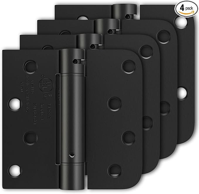 Luxbaro 4 Pack Self Closing Door Hinges 4 Inch, Matte Black Spring Loaded Hinges with Square & 5/8" Radius Corners, Adjustable Tension for Garage, Front Door, for Left and Right Hand Door, UL Listed