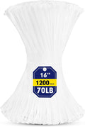 Zip Ties, RAZCC 1200pcs White Cable Zip Ties 16 Inch, Heavy Duty Plastic Wire Ties with 70lb Tensile Strength, Self-Locking White Nylon Tie Wraps for Indoor and Outdoor