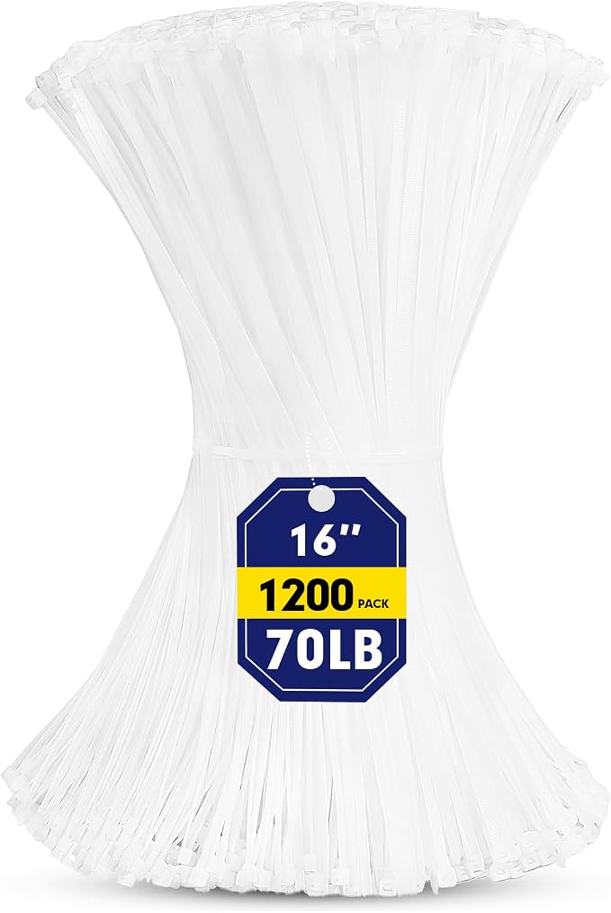 Zip Ties, RAZCC 1200pcs White Cable Zip Ties 16 Inch, Heavy Duty Plastic Wire Ties with 70lb Tensile Strength, Self-Locking White Nylon Tie Wraps for Indoor and Outdoor