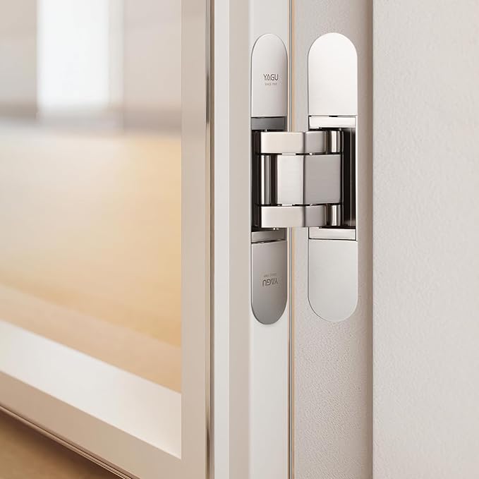 YAGU 6.5 inch 3 Way Adjustable Invisible Hinges Hidden Door Hinges Concealed Hinges Zinc Alloy 180 Degree Swing Hinge Butt Hinge 6.5 x 3.2 x 1.1 inch Matte Silver (1 Piece)