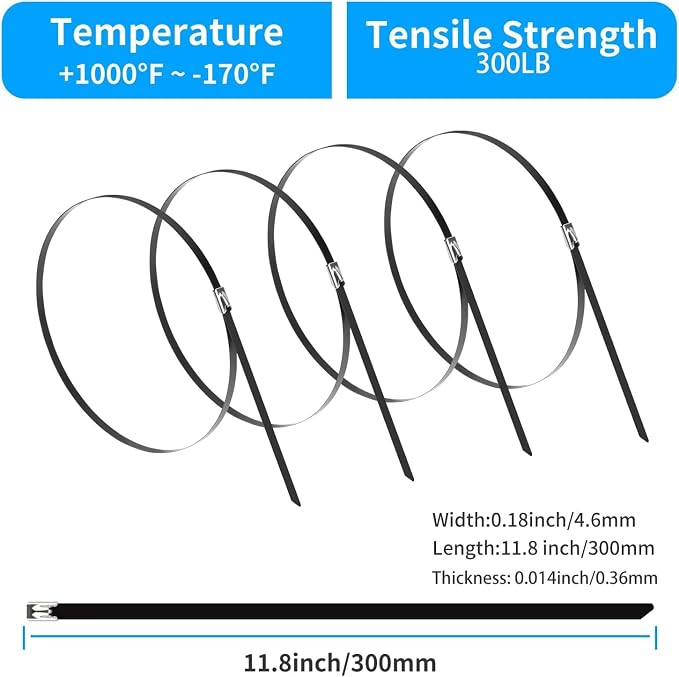 XINGO 11.8 inch Black Metal Zip Ties (600 Pack), 304 Stainless Steel Heavy Duty Zip Ties, 300lbs Tensile Strength, Multi-Purpose Self-locking Cable Ties for Exhaust Wrap, Outdoor and Canopy Etc