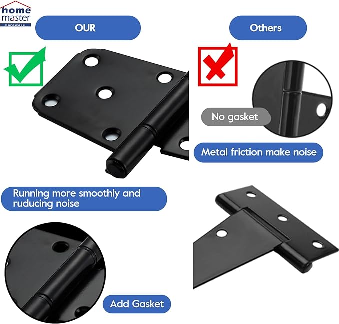 6 Inch T-Strap Gate Hinges, Heavy Duty Gate Hinges,Shed Door Hinges for Outdoor Barns Gate,Wooden Fences,with Screws, 4 Pack-Black