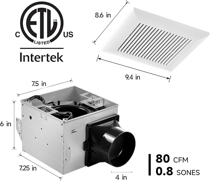 Tech Drive Bathroom Exhaust Fan 80 CFM, 0.8 Sone, 4-Inch Duct,No Attic Access Needed,Super Quiet Ventilation Fan, Easy to Install Ceiling Mounted, White, ETL Certified