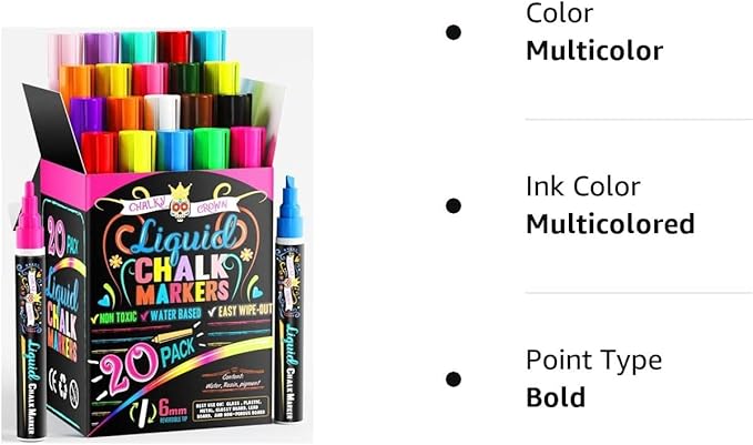Bold Chalk Markers - Dry Erase Marker Pens - Liquid Chalk Markers for Chalkboards, Signs, Windows, Blackboard, Glass - Reversible Tip (20 Pack) - (Multicolored, 6mm)