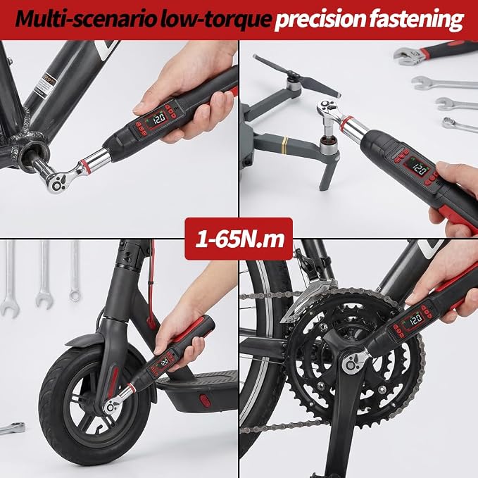1/4" Digital Torque Wrench Set, 0.74-48 Ft-Lb(1-65Nm), ±2% CW Accuracy, Peak & Track Mode, Backlit LCD, 4" Extension Bar, Adapter, Universal Joint, Sockets Bits for Bicycle Motorcycle Auto DIY Repair