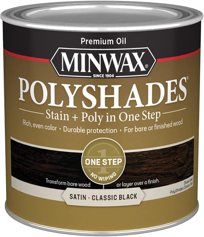 Minwax PolyShades Wood Stain + Polyurethane Finish – ½ Pint, Classic Black, Satin
