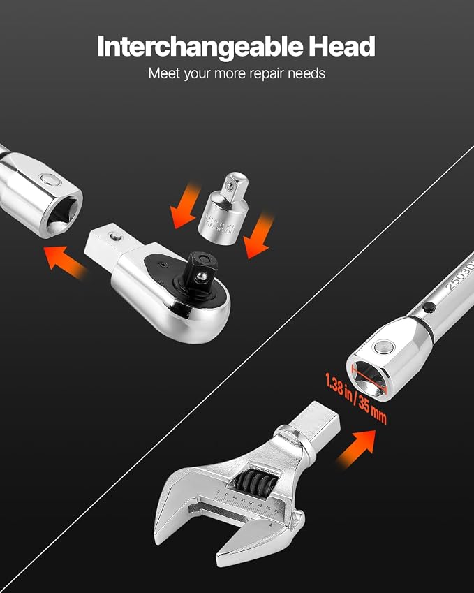 VEVOR Adjustable Torque Wrench 1/2 Inch Drive, 20-160Ft.lb/27.1-216.8Nm, 38MM Open End, 3/8 Inch Drive Torque Wrench with Interchangeable Jaw & Ratchet Head for HVAC, Car, Moto, Narrow Pipeline