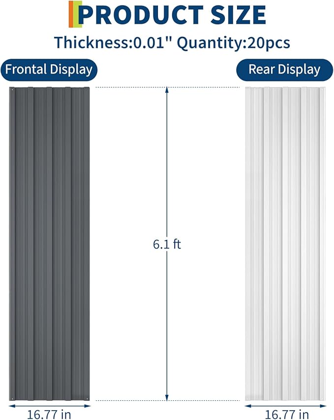 GarveeLife 20Pcs Metal Roofing Panels for Carport, Heavy Duty Metal Carport Kits, Galvanized Steel Corrugated Panels, for Patio Outdoor Garden, 73.2 in x 16.8 in