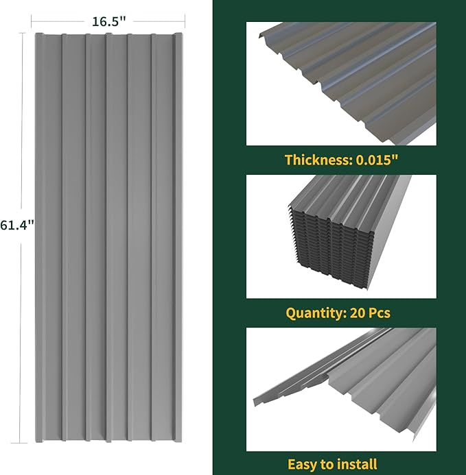 NeatiEase 20 Pcs Metal Roofing Panels, 5.1 Feet Corrugated Galvanized Roofing Panels Metal Siding Panels with Steel Screws for Pergola, Gazebo, Shed, Outdoor Storage, Chicken Coop, Patio,Garages
