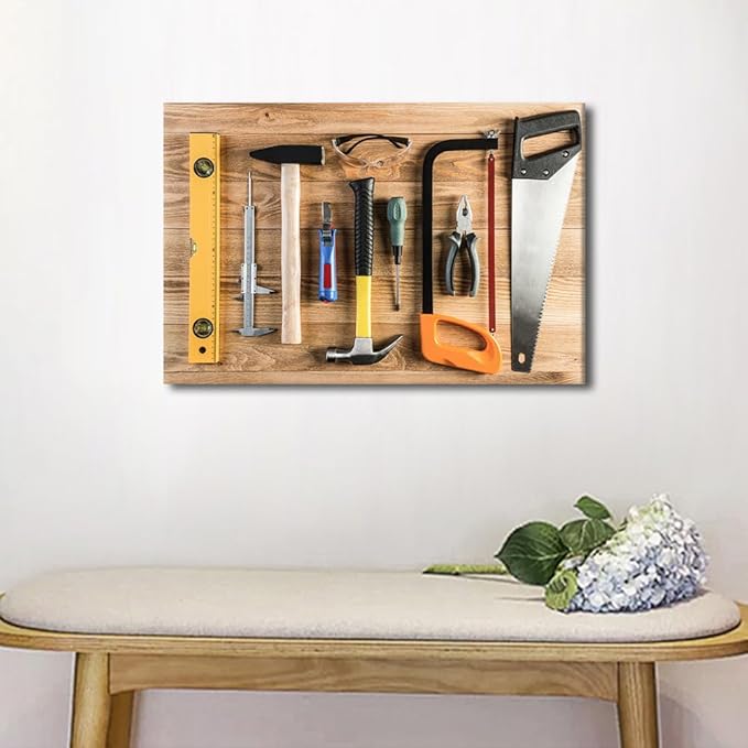 TUMOVO Wall Art for Office Wall Art Assorted Work Tools on Wood Background 1 Panels Picture Canvas Print Artwork Home Study Repair Shop Wall Decor Modern Hammer and Ruler Poster ((16" Wx24 H)