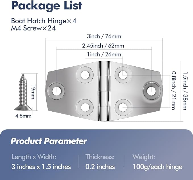 316 Stainless Steel Hinges Marine Grade 4 Pcs 3" x 1.5" Heavy Duty Boat Hatch Hinge Marine Grade Casting Boat RVs Cabinet Door Hinges w/Fasteners