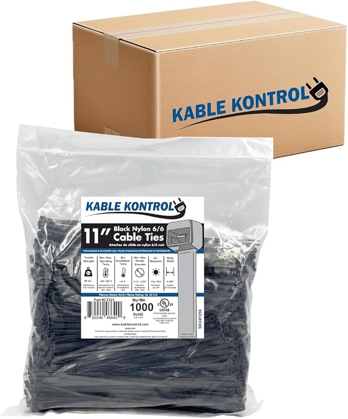 Kable Kontrol Cable Zip Ties, 11 Inch, 8000 Pcs, 50lbs Test, Black | Nylon Plastic, UV-Resistant, Self Locking, UL Listed, Indoor & Outdoor Use