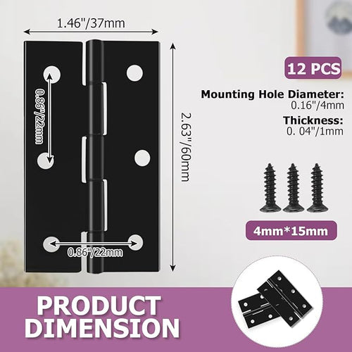 12pcs Butt Hinges Black Door Hinges, 2.63" x 1.46" Cabinet Door Hinge, Flat Folding Box Hinges for Jewelry, Wooden Box, Small Cupboard Furniture Hinges