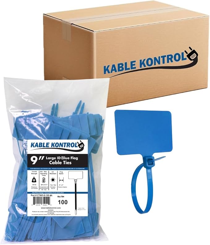 Kable Kontrol Cable Marker Identification Zip Ties 9 Inch 1000 Pcs – Blue | Large ID Flag Label Straps, Self-Locking Write on Tags for Ethernet, Power, and Cord Labeling