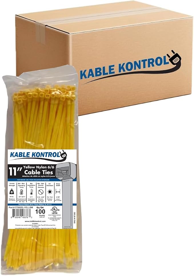 Kable Kontrol Cable Zip Ties, 11 Inch, 8500 Pcs, 50lbs Test, Yellow | Nylon Plastic, Self Locking, UL Listed, Indoor Use