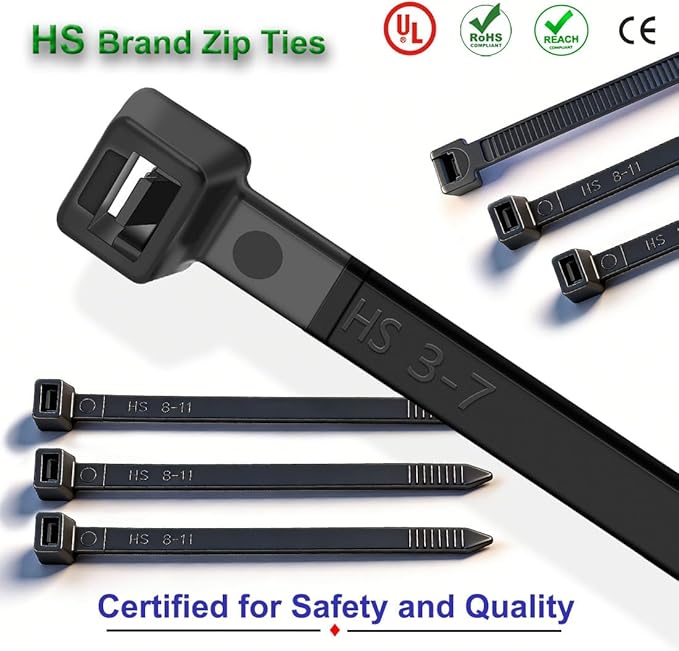 HS 6 Inch Zip Ties Black 18 Lbs Tensile Strength Thin Straps (100 Pack) Nylon PA66 UV Resistant,Self-Locking Small Electrical Plastic Cable Wire Zipties for Outdoor Indoor Use,Multi Purpose