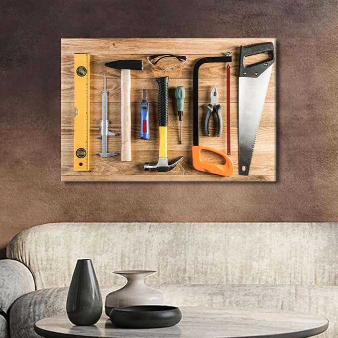 Hammer and Ruler Picture 1 Panels Large Wall Art for Living Room Wall Decor Assorted Work Tools on Wood Poster, Canvas Supermarket Hotel Restaurant Office Wall Decoration Ready to Hang (24"Wx36"H)