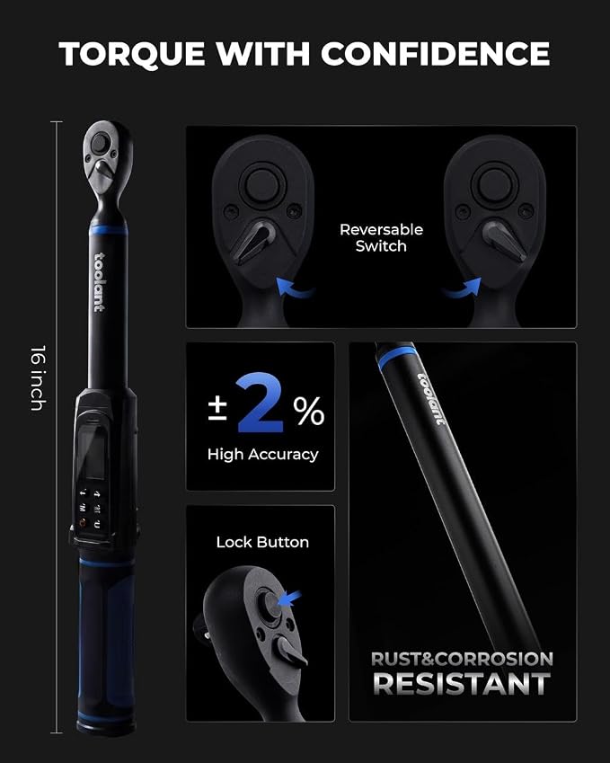 toolant 3/8" Digital Torque Wrench 1.5-100 ft-lb (2-135 N·m), ±2% Accuracy with Sound/Light/Vibration Alerts, 9 Presets & 500 Memory for Car Motorcycle Bike Repair