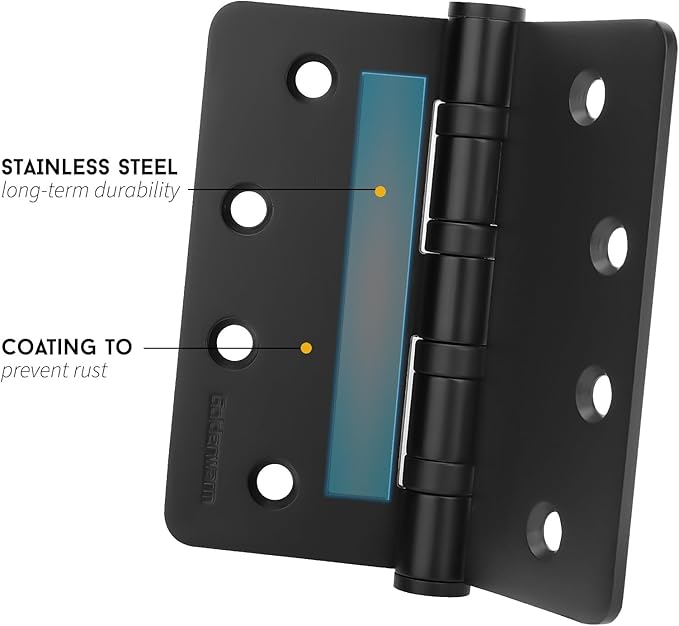 goldenwarm 3 Pack 4'' Black Ball Bearing Door Hinges – Heavy Duty Stainless Steel Hinges for Interior & Exterior Doors, 1/4'' Radius Corners