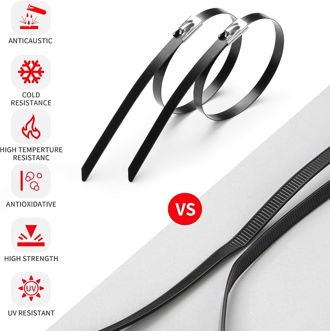 BethTie 300 PCS Black 11.8 Inch Metal Zip Ties with Tie Cutter, UV Resistant Stainless Steel Suitable for Fixing Fences, Pipes, Outdoor