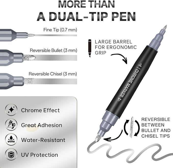 1PK Dual Tip Liquid Chrome Marker, Permanent Mirror Chrome Paint Pen for Plastic, Metal, Model Painting, Touch Up & Repair Kit, 2 Tips (0.7mm & 3mm Reversible Tip)