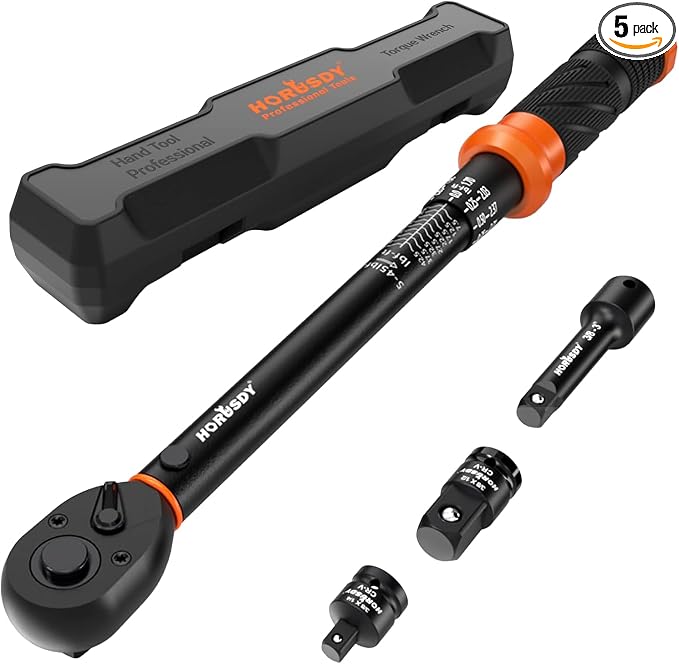 HORUSDY 3/8" 5PCS Torque Wrench Set(5–45 ft-lb/ 6.8–61 Nm) – Torque Wrench 3/8 Drive with 3" Extension, 3/8" to 1/4" & 3/8" to 1/2" Adapters, Case for Bike, Car, Moto & Other Repair