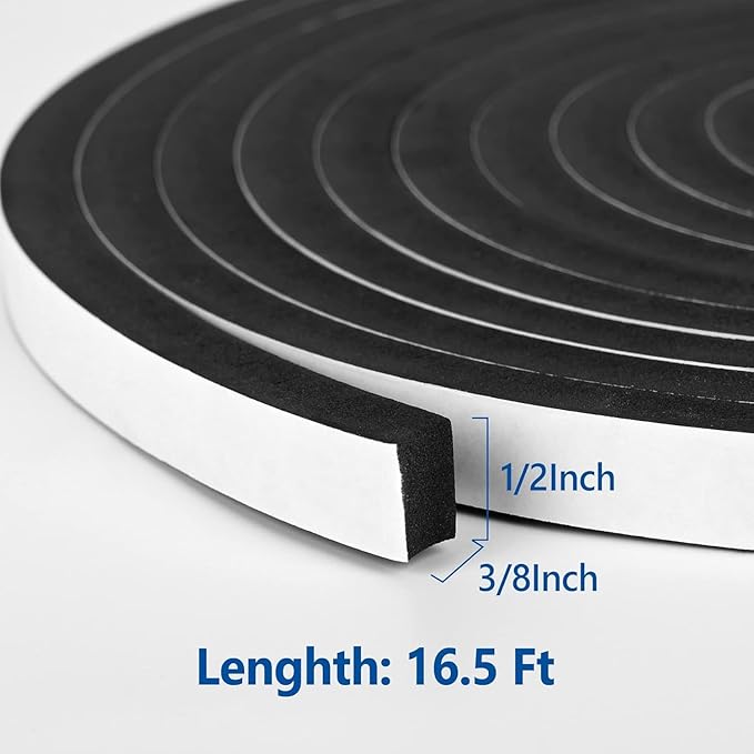 Kikerike Self Adhesive Foam Tape Weatherstrip 1/2In x 3/8In x 16.5Ft High Density Foam Insulation Strips Seal Weather Stripping with Strong Adhesive for Door and Window Sound Isolation Soundproofing