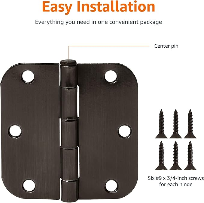 Amazon Basics Rounded 5/8 Radius Interior Door Hinges with Screws, 3.5" x 3.5", Oil Rubbed Bronze, 36-Pack