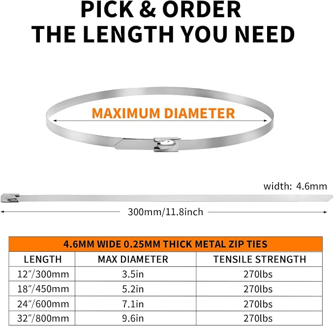 500Pack Stainless Steel Cable Zip Ties 12 inch 304 Metal Cable Ties with 270lbs Tensile Strength Heavy Duty Zip Ties for Farms Pipes Roofs Workshop Outdoor Fence Use