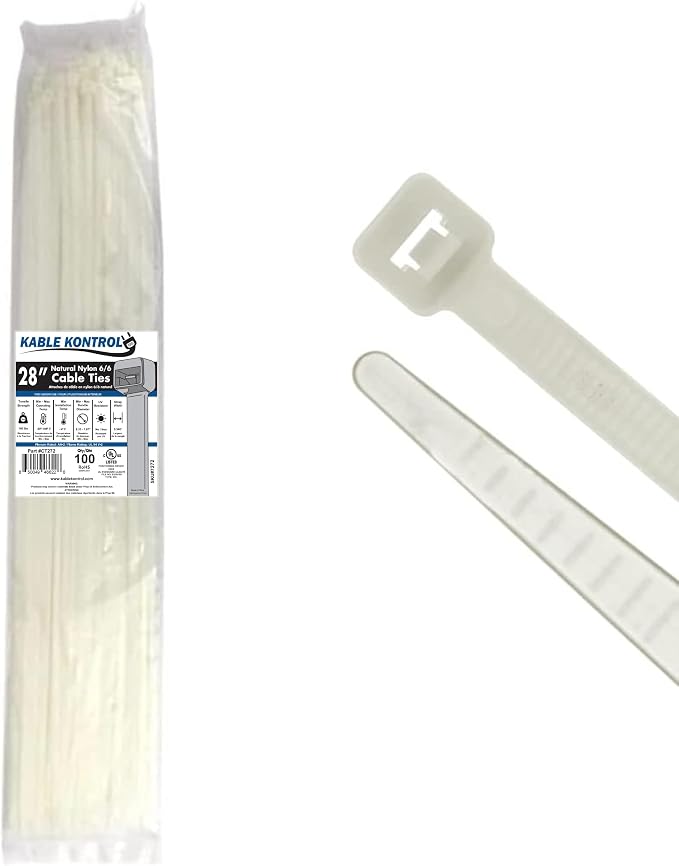 Kable Kontrol Heavy Duty Cable Zip Ties 100 Pcs 28 Inch, Natural White, 175 Lbs Tensile Strength, Self-locking Nylon Clear Plastic Wire Ties wraps for Indoor or Outdoor Use