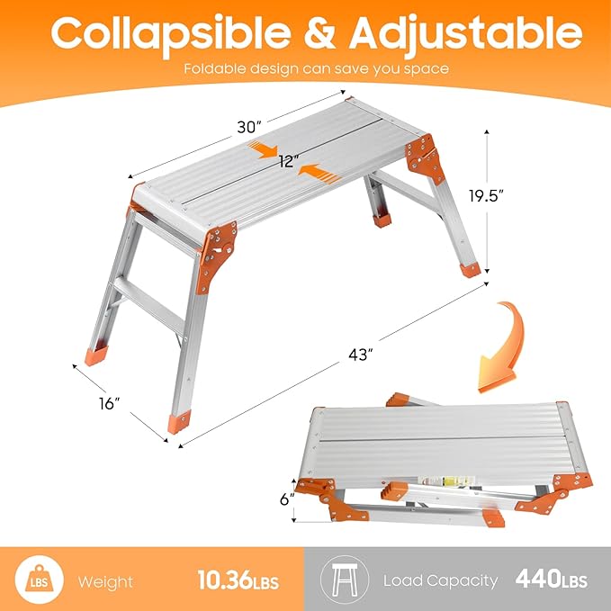 LEADALLWAY Aluminum Work Platform Step Ladder Heavy Duty Foldable 440 Lbs Capacity 30"x12"x20" Silver