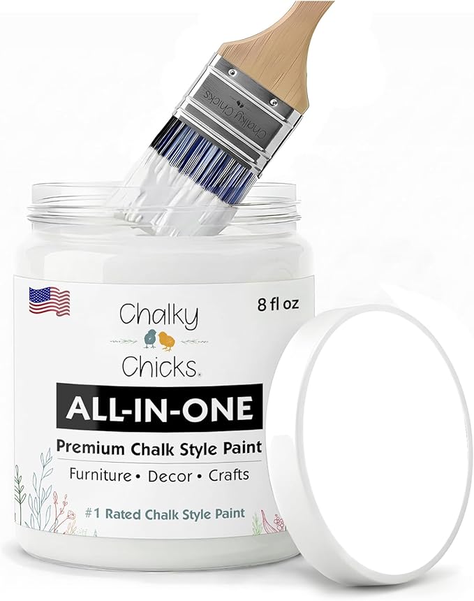 Chalky Chicks All-in-One Chalk Paint for Furniture or Cabinet -8Fl Oz- Matte Finish Powdered Snow (Pure White) for Metal, Wood Furniture Paint - No Sanding All-in-One for Home Decor & Crafts, USA Made