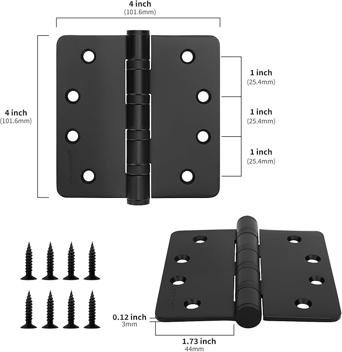 goldenwarm 3 Pack 4'' Black Ball Bearing Door Hinges – Heavy Duty Stainless Steel Hinges for Interior & Exterior Doors, 1/4'' Radius Corners