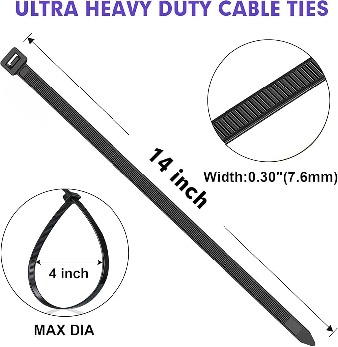 Zip Ties, RAZCC 1200pcs Black Cable Zip Ties 14 Inch, Heavy Duty Plastic Wire Ties with 100lb Tensile Strength, Self-Locking Black Nylon Tie Wraps for Indoor and Outdoor