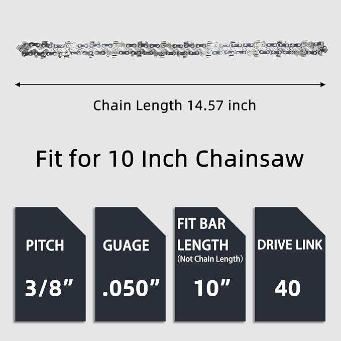 4 Pack 10 Inch Chainsaw Chain S40 3/8" LP Pitch .050" Gauge 40 Drive Links, 10-inch Replacement Chains Fits Remington, Greenwork, Sunjoe, Worx, Craftsman and More