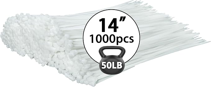 White Zip Ties 14 inch (1000 Pack), Clear, 50 lb, UV Resistant Cable Ties for Outdoor Use, LOCKLOCK