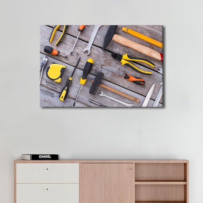 Large Wall Art for Living Room Wrench Tape Measure Tape Glove Picture Various Tools for Working in the Workshop Poster Canvas Supermarket Hotel Tool Room Hardware Store Wall Decor 1pcs (24"Wx36"H)